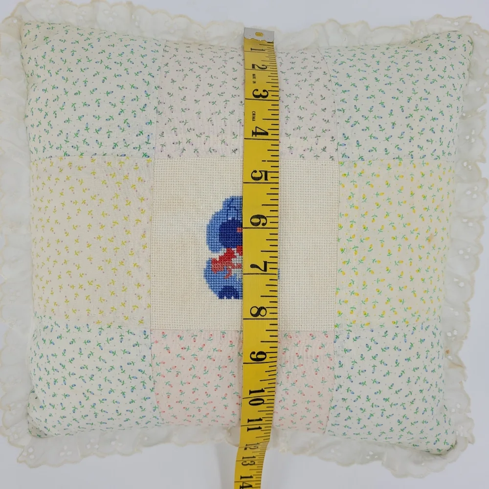 Handmade Vintage Quilted Cross Stitch Pillow Floral Dog Puppy Lace Grandma